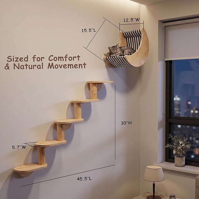 Cat Wall Shelves, Solid Wood Moon Bed, 5-Step Stairs for Vertical Climbing | 2-in-1 Wall-Mounted Cat Furniture;Wall & Corner Setup;16-Inch Stud Wall;Hold Up to 40 lb;Vertical Territory & Active Exercise