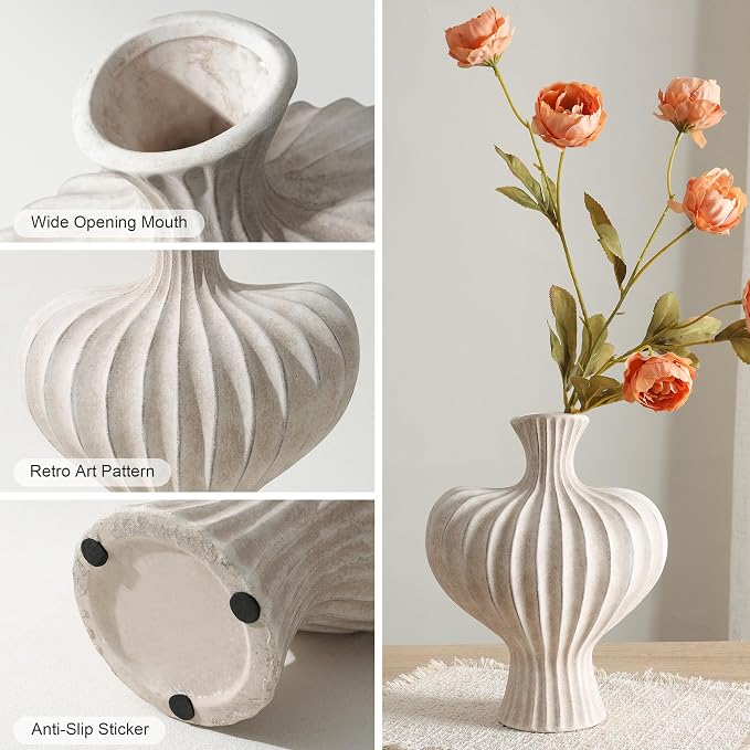 Ceramic Flower Vase Home Decor,11" Rustic Vintage Clay Beige Heart Terracotta Vases Farmhouse Table Vases Living Room Decor Pottery Pots for Home Shelf Coffee Dining Desk Fireplace