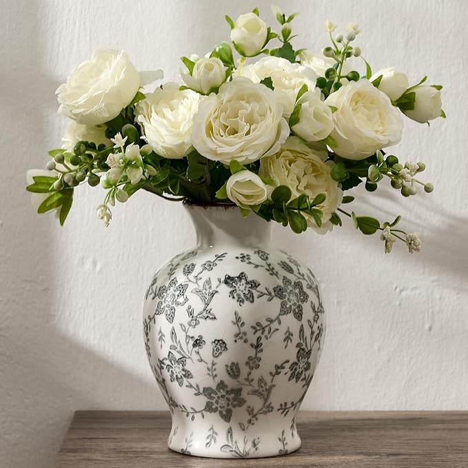 6.73" Ceramic Flower Decorative Antique Vase, Vintage Rustic Chinoiserie Floral Vase for Home Decor, Living Room, Bookshelf, Office, Entryway, Garden, Chinoiserie Decor, Tuscan Decor