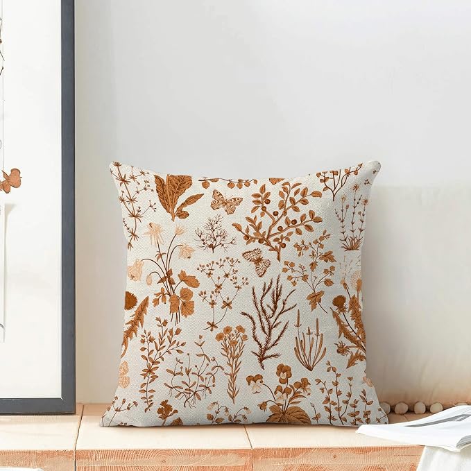 AEIOAE Fall Pillow Covers 20x20 Inch Set of 2,Burnt Orange Wild Flower Plant Throw Pillows Case,Seasonal Floral Outdoor Decorative Square Linen Farmhouse Decor Cushion Covers for Home Sofa Bed Couch