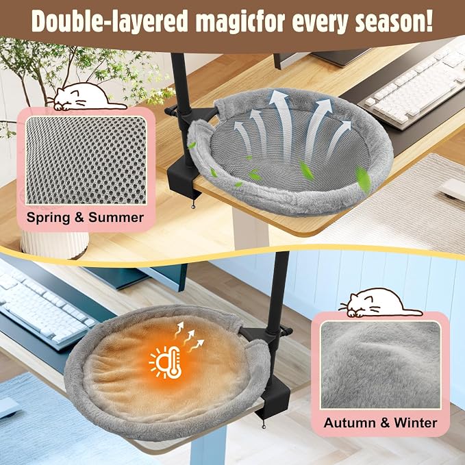Double Cat Desk Bed, 360° Rotating & Adjustable Heigh Kitten Nest for Desktop, Double Kittens Clamp Hammock Bed with Dual-Sided Reversible Mat for Home Office-Maximum Hold Up to 40lb