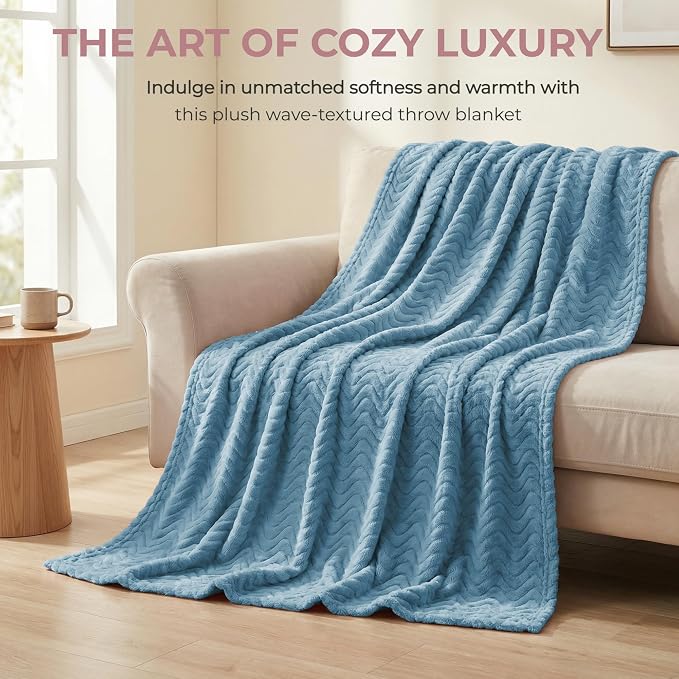 Exclusivo Mezcla Soft Fleece Throw Blanket for Couch, Cozy Lightweight Blankets with Decorative Wave Textured Suitable for All Season Use, Slate Blue, 50x70 Inches | 50"x70" Soft Breathable Lightweight Flannel Throws for Summer, Plush Cozy Jacquard Wav...