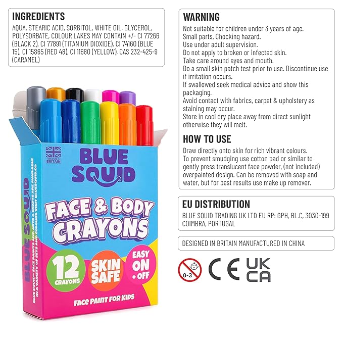 Blue Squid Face Paint Crayons - 12 Vibrant Colors Twistable & Washable Face Paint Sticks - Face Painting Kit for Kids Party, Halloween, Belly Painting Kit Pregnancy, Makeup Body Paints for Adults