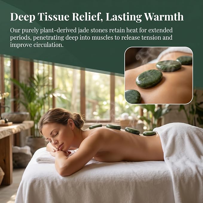 MTLEE 15 Pcs Hot Stones Massage Set Natural Green Jade Heated Warmer Stone, Round, Oval, Mushroom Shaped Hot Rocks, Body Gua Sha Massage Tool with Velvet Bag for Spa Relax, Relieve Tension (Classic)