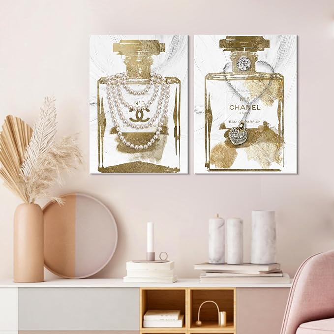 2 pieces Vintage Perfume Bottle Canvas Wall Art Modern Luxury Posters Print Fashion Glam Poster Picture for Bedroom Make up Room Home Decor 16"x24"(40x60cm)