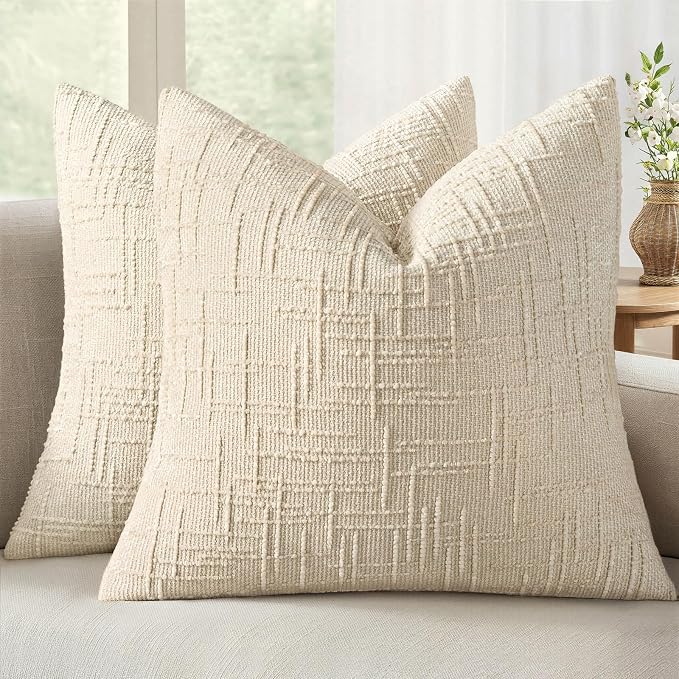MIULEE Chenille Textured Euro Throw Pillow Covers Beige 22x22 Set of 2 | Slubby Decorative Pillows, Boho Farmhouse Home Decor, Modern Neutral Cushion Covers for Couch Sofa Bed Living Room