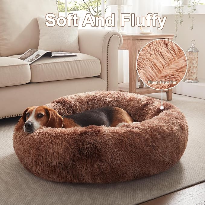 33 in Faux Fur Donut Dog Bed for Medium Plus Dogs,Tie-dye Brown | Calming Plush Round Fluffy Pet Bed with Removable & Washable Cover,Fits up to 65 lbs Pets