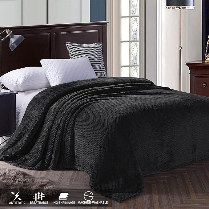 Exclusivo Mezcla Soft Waffle Fleece Bed Blanket Twin Size, Black | Lightweight Plush Blanket for Bed, Couch, Sofa, Cozy Fluffy Design for Bedroom, Guest Room, All Season, 60x80 Inches