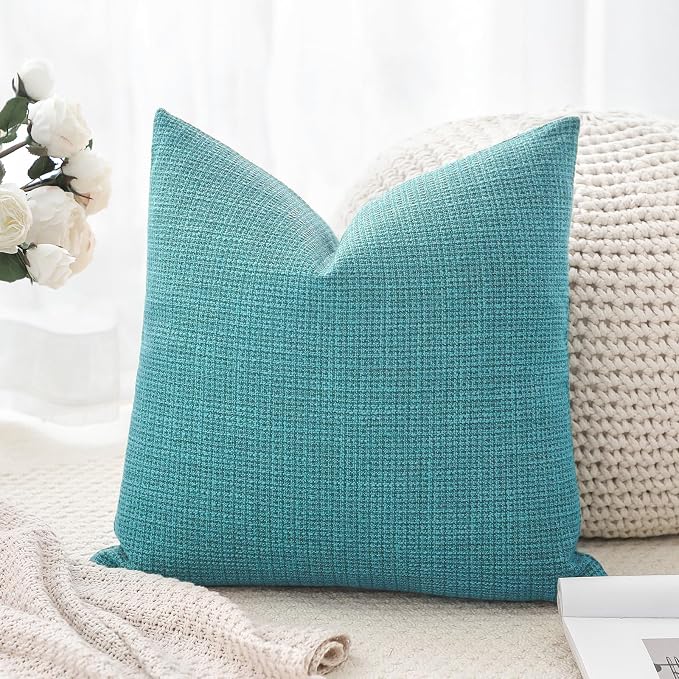 OTOSTAR Linen Throw Pillow Cover Set of 1 Decorative Square Pillowcases Cushion Covers 18x18 Inch for Home Decor Sofa Bedroom Car 45 x 45CM Turquoise
