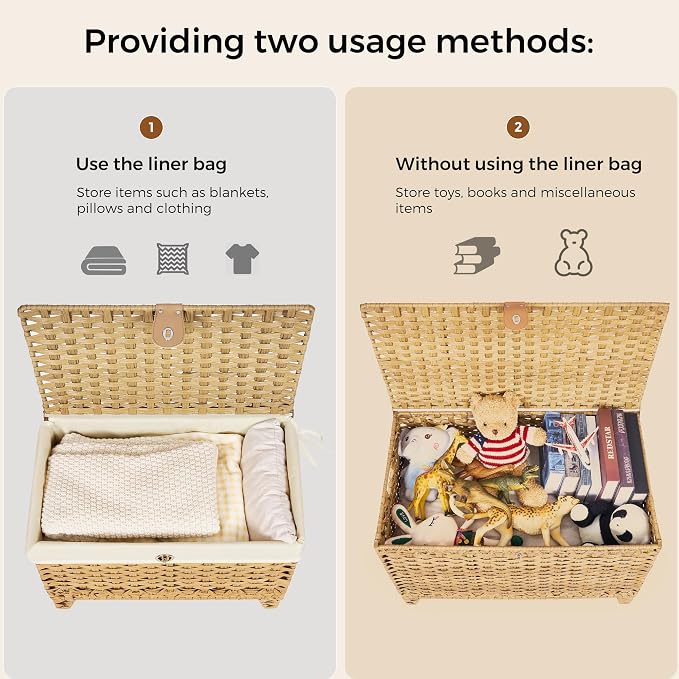 Wicker Storage Basket with Lid, 200L Storage Bin with Removable Liner Bag | Rattan-Inspired Shelf Basket Design, Storage Trunk with Heightened Feet, Wardrobe Storage Container & Home Organizer
