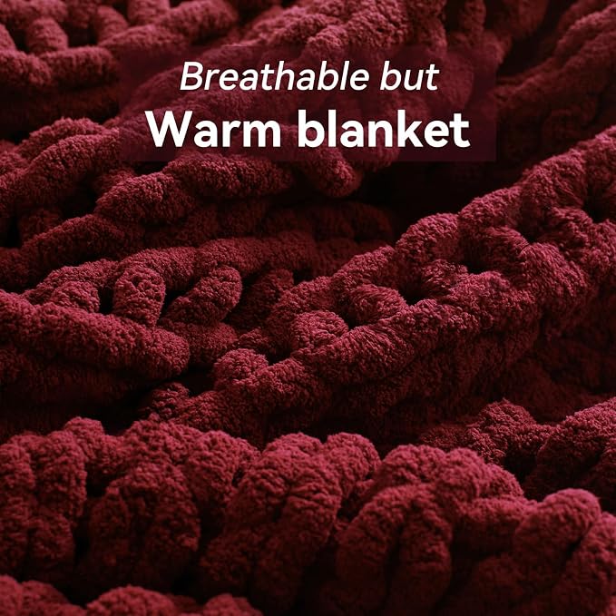 Negwoo Chunky Knit Throw Blanket, Knitted Throw Chenille Yarn, 30"*40" | Soft Thick Cable Knitted Blankets, Handmade Big Thick Blanket, Machine Washable Cute Comfy Blanket for Home Decor, Red