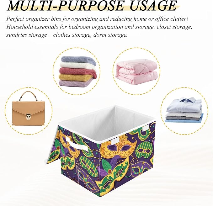 Mardi Gras Mask Storage Bins with Lids and Carrying Handle,Foldable Storage Boxes Organizer Containers Baskets Cube with Cover for Home Bedroom Closet Office