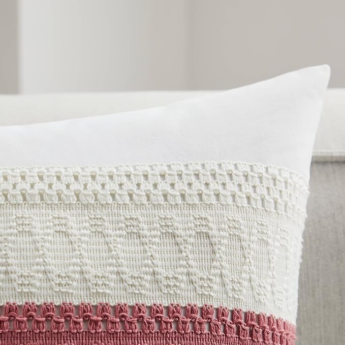 2pk Boho Pillow Covers 12x20, Natural White/Contrast/Dusty Pink | 100% Organic Cotton Body, Stripe Embroidery, Farmhouse Decorative Cushion Covers for Sofa Bed Living Room Home Decor
