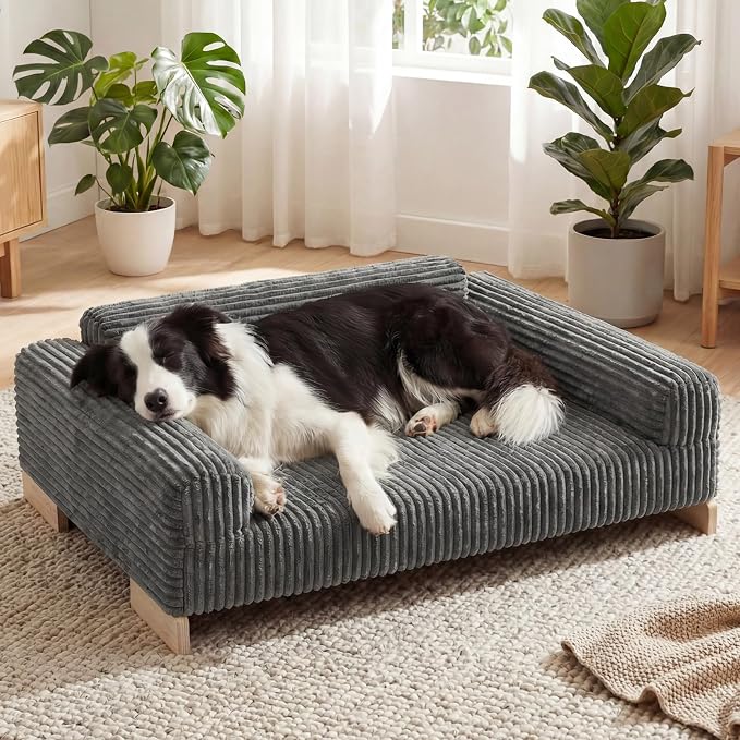 Veehoo Elevated Dog Bed Indoor, Wood Furniture Style Dog Couch Sofa | Small medium dogs sofa, sturdy wood frame, washable cover, easy assembly, supportive foam