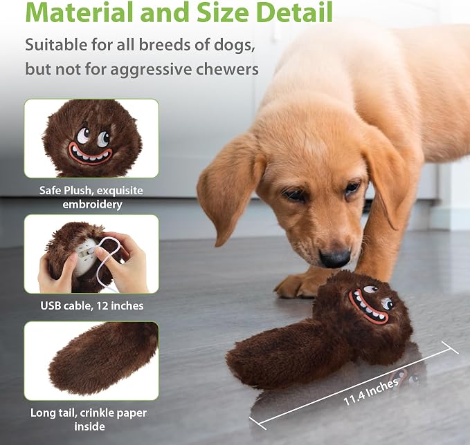 PETGEEK Vibrating Squeaky Dog Ball, USB Rechargeable 350mAh Toy, Brown