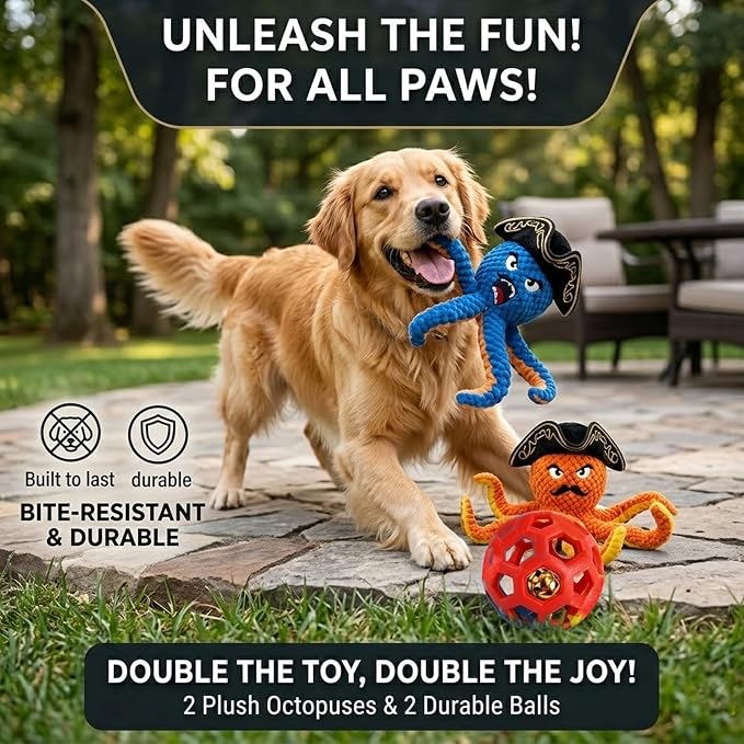 Pet Toys for Dogs Interactive Octopus Dog Toy to Keep Them Busy - Replacement Shells and 2 Bell Silent Balls - Durable Enrichment for Medium Large Dogs (2)
