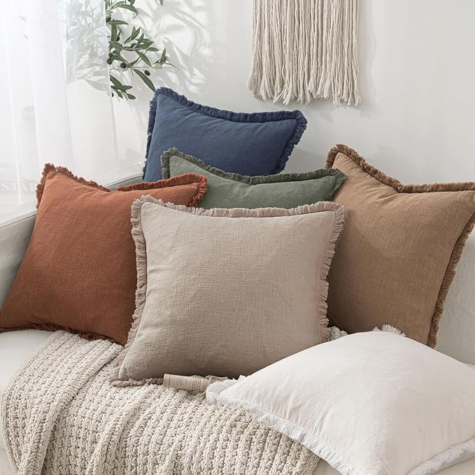 MIULEE Boho Natural Linen Fringe Decorative Euro Throw Pillow Covers 26x26 | Set of 2, Cottagecore Decor, Boho Farmhouse Neutral Pillow Covers, Rustic Couch Cushion Cases for Sofa Bed Living Room