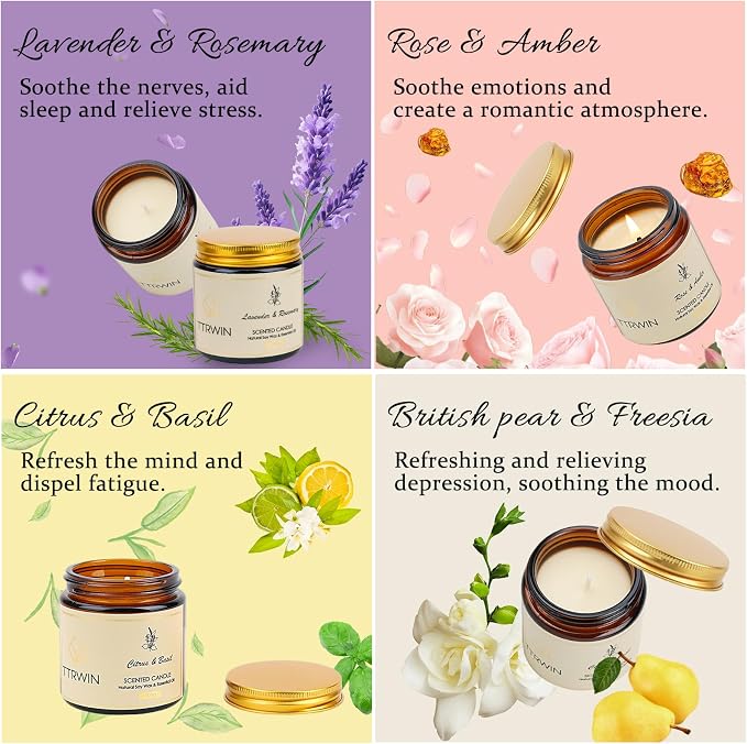 TTRWIN Scented Candles Gift Set, 4 Pick Natural Soy Candles: British pear & Freesia, Rose & Amber, Lavender & Rosemary, Citrus & Basil, Birthday Gifts for Women, Gifts for Mother's Day