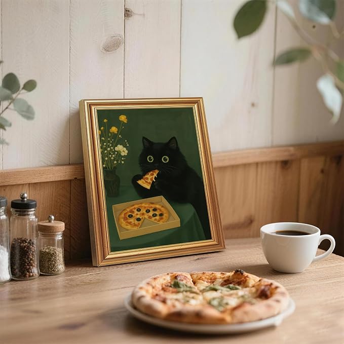 ICHZUMW Gold Framed Funny Black Cat Eating Pizza Canvas Wall Art, 16x24 In | Quirky Cat Print Humorous Animal Kitchen Wall Decor, Dining Room Bedroom Living Room, Fade Resistant, Ready to Hang