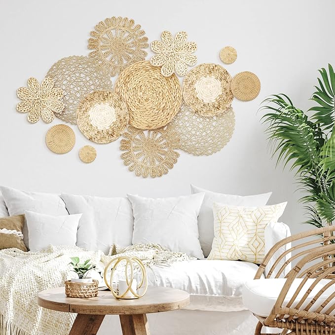Glenmal 13 Pcs Boho Wall Basket Decor Set Woven Rattan Seagrass,Plain | Handmade Flat Baskets for Bedroom Living Room Office, Wicker Bamboo Seagrass Hanging Art, Farmhouse Gallery Ready to Hang