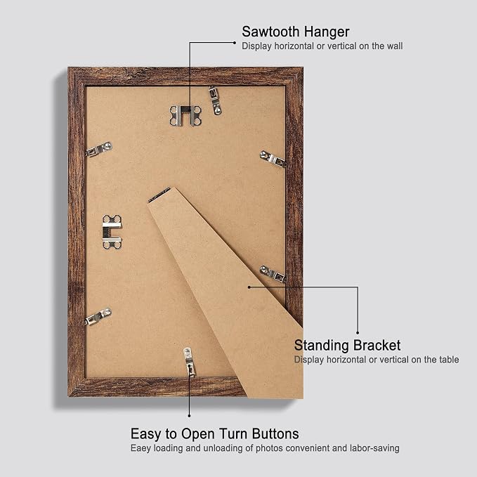Hongkee 8x12 Picture Frame Set of 4, Made of Glass and Rustic Brown Wooden Frame - Display 6x8 Picture with Mat or 8 x 12 Poster Without Mat, 8 by 12 Photo for Wall or Tabletop