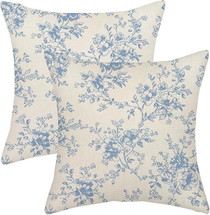 Baby Blue and Cream Flower Pillow Covers 18x18 Set of 2 Chinoiserie Floral Decorative Throw Pillows Vintage Toile Flower Pillowcase Linen Outdoor Farmhouse Cushion Cover for Couch Sofa Decor