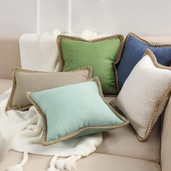 Phantoscope Farmhouse Solid Throw Decorative Pillow Cover Burlap Linen Trimmed Tailored Edges Outdoor Pillow Oatmeal 1 Pack 20 x 20 inches, 50 x 50 cm