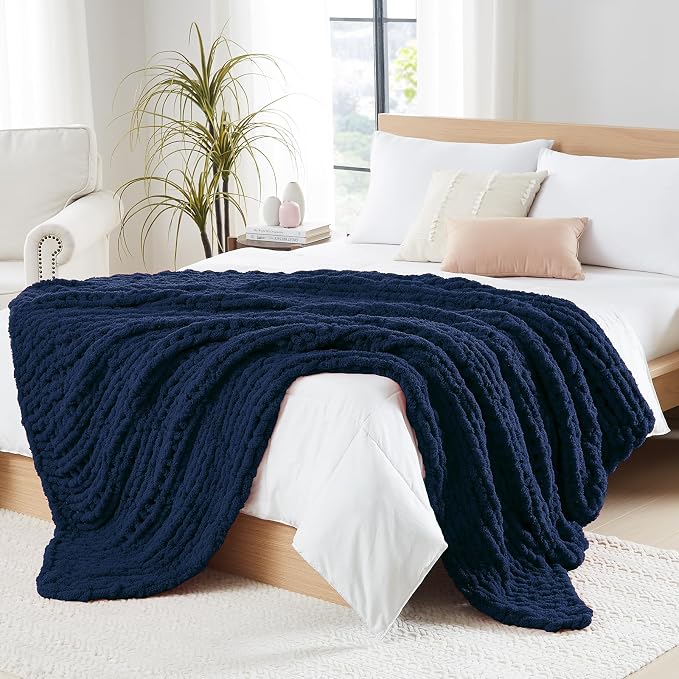 L'AGRATY Chunky Knit Throw Blanket for Couch, 72 x 84 Inches, Dark Blue | Handmade Chenille Crochet Blanket for Sofa Bed, Thick Cable Knitted Blankets for Room Home Decor, Birthday Gift for Women Mom