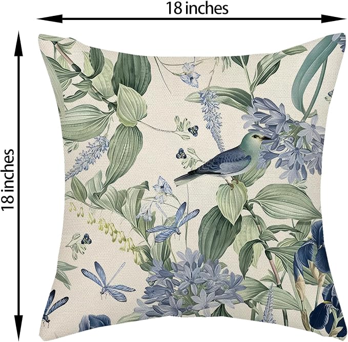 Chinoiserie Pillow Covers 18x18 Set of 2 Blue Green Floral Bird Pillow Cases Vintage Flower Seasonal Outdoor Throw Pillows Linen Farmhouse Chinoiserie Decorative Cushion Case for Couch Sofa