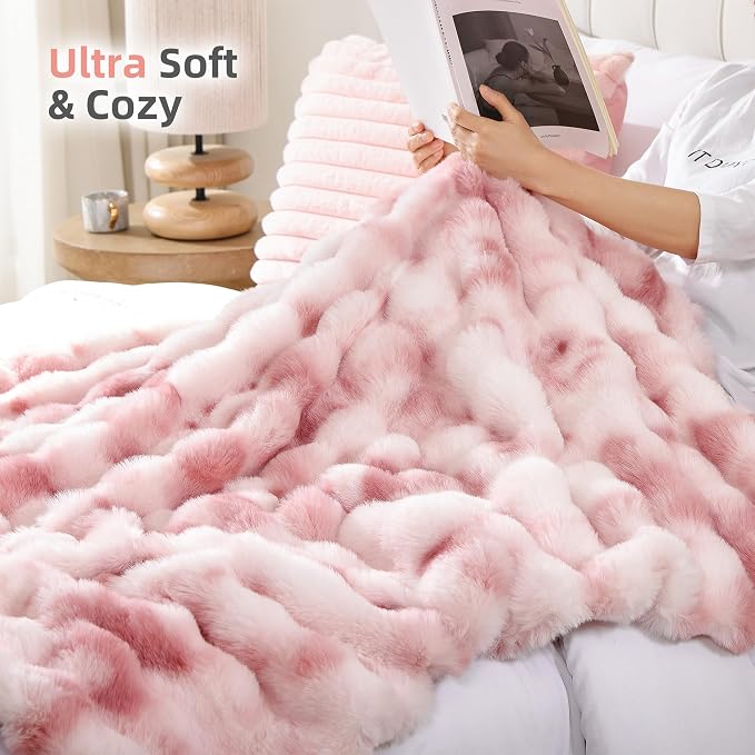 Faux Fur Throw for Couch - Tie-dye Pink Bubble Blanket 50"x60" | Fluffy Plush Fuzzy Throw for Sofa & Bed, Super Soft Cozy Comfrt Blanket, Luxury Aesthetic Pink Decor Gift for Women