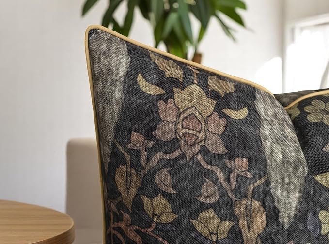 Bird Floral Print 22x22 Throw Pillow Cover, Charcoal | Folk-art birds and blooms on charcoal slub, muted gold piping; both sides printed; hidde; cover only