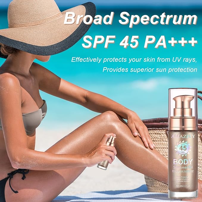 Shimmer Body Oil, SPF 45 Broad Spectrum, Sunscreen Face and Liquid Luminizer Waterproof Moisturizing, Light Shimmer Glow Illuminator, Smooth Body Highlighter Makeup (#01 Rose Gold)