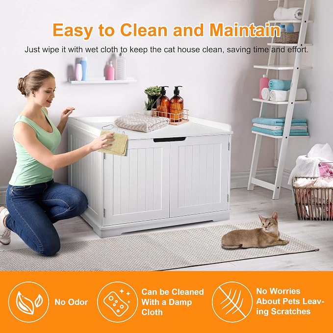 Pet Republic Hidden Cat Litter Box Enclosure Cat Litter Box Furniture Washroom House Table Nightstand (White)