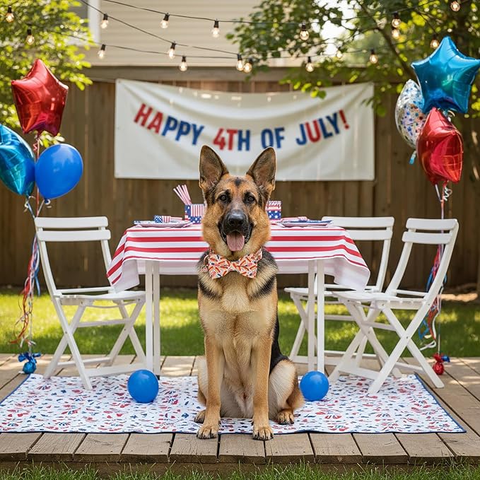 ADOGGYGO 4th of July Dog Collar with Bow Tie, Detachable Patriotic Hot Dog Print Bowtie, Adjustable American Flag Collar for Extra Large Dogs (XL)
