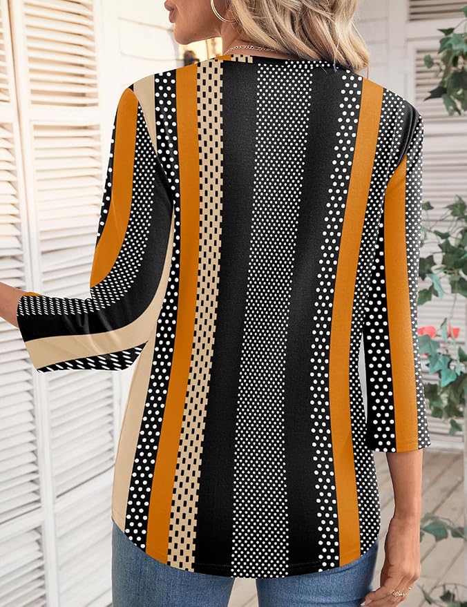 LOMON 3/4 Length Sleeve Womens Tops Spring Summer Fashion 2026 Tops Crew Neck Pleated Shirts Tunic Top Loose Fit