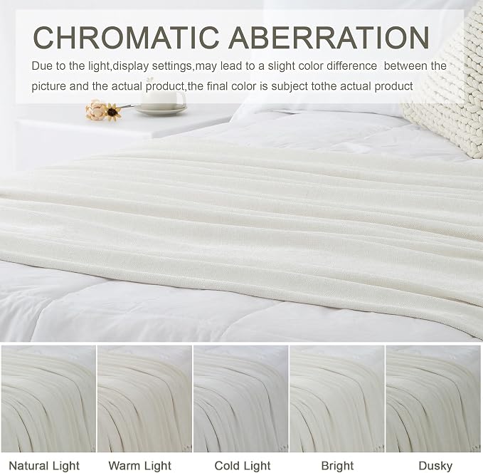 Chenille Throw Blanket for Couch 50" x 60", Ivory White | Soft Cozy Warm Throws with Fringe Tassel, for Living Room Bed Sofa Chair Cover, Lightweight Knitted Decorative Boho Blankets