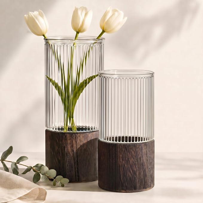 Ribbed Glass Flower Vase Set of 2 with Dark Wood Bases, 10 and 8 Inch Tall | Removable Glass Pieces, Wide-Opening Cylinder Vases for Bouquets, Fresh, Dried, Faux Stems, and Console, Shelf, Mantel Decor