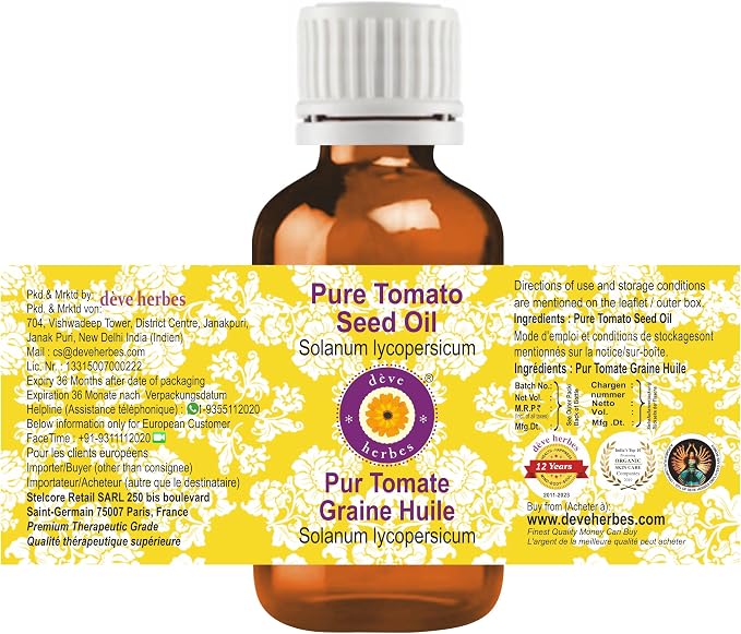 Deve Herbes Tomato Seed Oil (Solanum lycopersicum) | Cold Pressed | Pure | Natural | Undiluted | For Diluting Essential oils | For Skin & Massage | Non-Sticky| Lightweight| Men & Women | 30ml (1 oz)