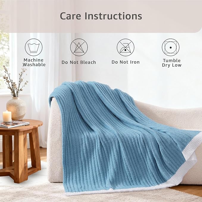 Soft Twin Blanket for Bed-Cozy Warm Reversible Knitted Blankets | Lightweight Fluffy Decor for Women, Mom, Her & Girls, Sofa, Chair, Couch, 60x80in, Blue