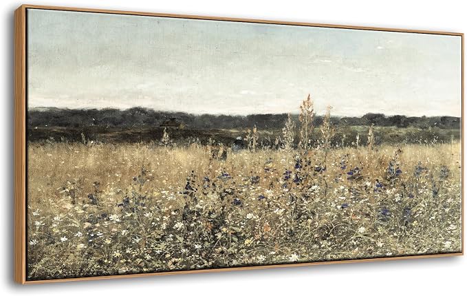 DJSYLIFE Framed Wall Art, Vintage Wildflower Field Canvas, 20x40 Inch | Classical Landscape Prints, Solid Wood Frame, Ready to Hang, Farmhouse Rustic Decor for Living Room, Bedroom