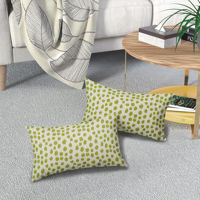 Lime Green Cream Boho Design Polka Dot Throw Pillows 12x20 Set of 2 Modern Brush Strokes Print Decorative Outdoor Pillowcase Lumbar Cushion Cover Linen Pillow Case for Sofa Couch Bed