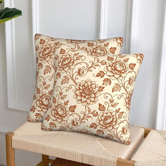 Terracotta Brown Floral Toile Pillow Covers 18x18 Set of 2, Vintage Dahlia & Peony Throw Pillow Covers Outdoor Decorative Pillow Case for Couch Bed Sofa Cushion Home Decor