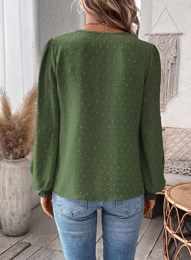 Womens Tops Swiss Dot Boho Long Sleeve Shirts V Neck Casual Chiffon Blouses Flowy Lace Hem Cute Clothing Trendy 2026