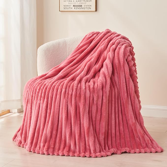 NEWCOSPLAY Fleece Ribbed Cozy Queen Blanket for Couch, Coral Pink, 90"x90" | Premium Silky Flannel Blanket, Soft Lightweight Fluffy Throw Blanket for Bed Sofa Decor, Gift for All Season Use