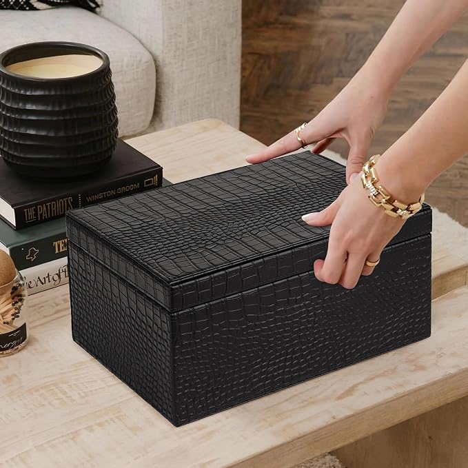 HofferRuffer Faux Leather Decorative Box, Large Wooden Structure Keepsake Box Accessory Organizer Jewelry Organizer with Hinged Lid, Storage Container for Home or Office (CrocoBlack)