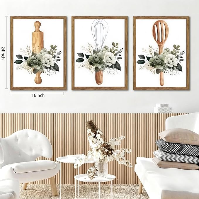 Modern Kitchen Canvas Wall Art Set of 3 – Framed Minimalist Floral Plant Wall Decor, Flowers Kitchen Utensil Posters Prints for Kitchen Dining Room Home Decor – 12x16in