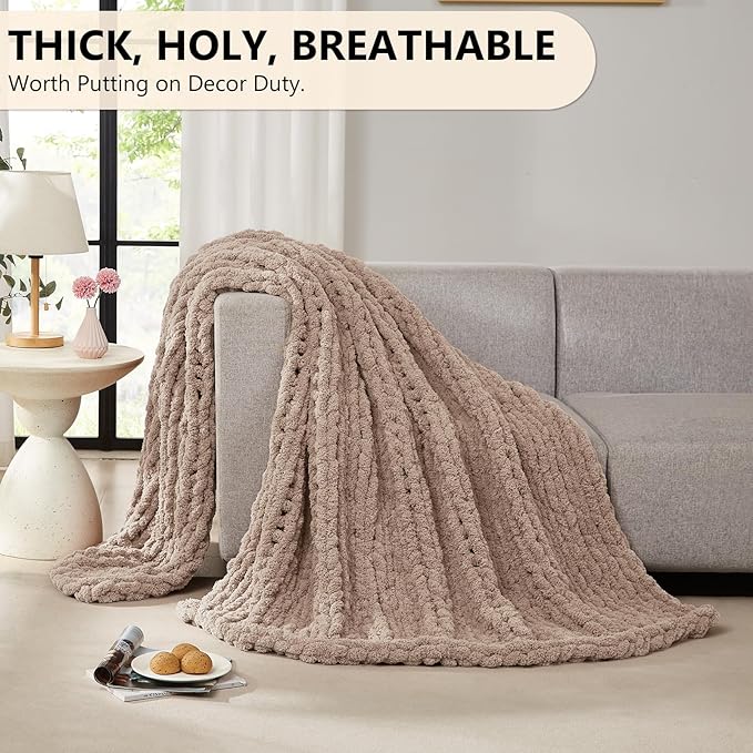 L'AGRATY Chunky Knit Throw Blanket for Couch, 60 x 80 Inches, Light Taupe | Handmade Chenille Crochet Blanket for Sofa Bed, Thick Cable Knitted Blankets for Room Home Decor, Birthday Gift for Women Mom
