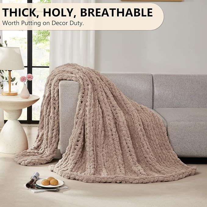 L'AGRATY Chunky Knit Throw Blanket for Couch, 72 x 84 Inches, Light Taupe | Handmade Chenille Crochet Blanket for Sofa Bed, Thick Cable Knitted Blankets for Room Home Decor, Birthday Gift for Women Mom