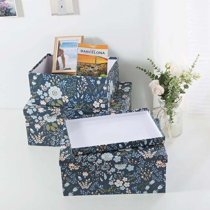Soul & Lane - Nightfall Bloom Decorative Storage Boxes with Lids, Set of 3 | Large Nesting Cardboard Keepsake Boxes for Photos and Memories, Floral Photo Storage Containers for Home Decor
