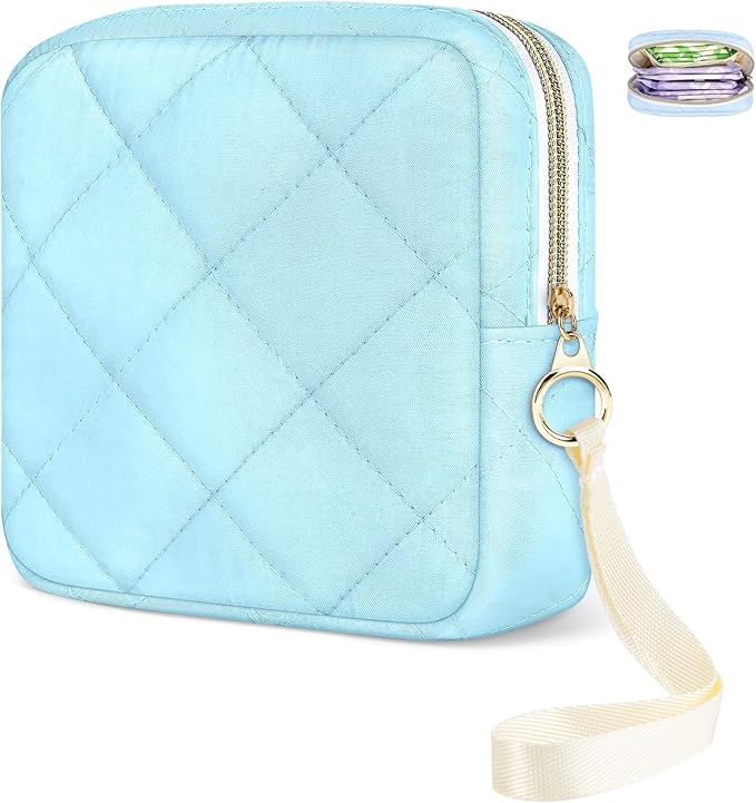 Likesing Quilted Period Bag, Period Pouches for Teen Girls Womens, Portable Sanitary Napkin Storage Bag with Wrist Strap Feminine Emergency Tampon Pad Pouch(Blue)